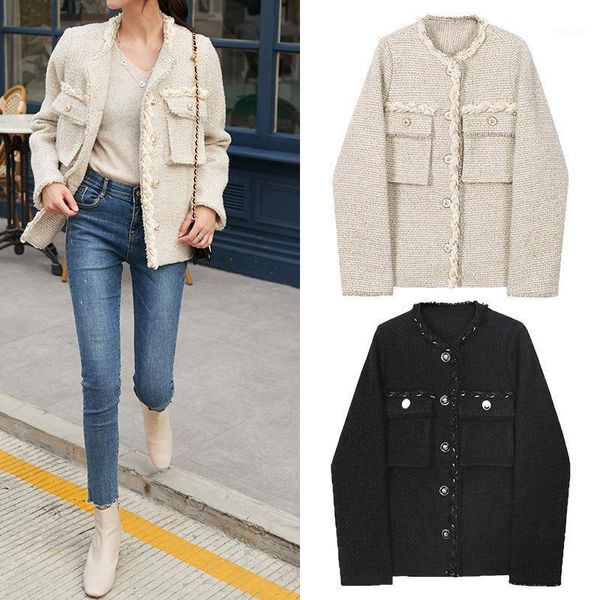 

women's wool & blends tweed stitching cotton jacket 2021 autumn winter small fresh round neck frayed coat women, Black