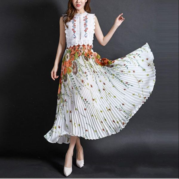 

ewq] 2021 summer new vintage style holiday trend casual high waist printed pleated ankle length wild female skirt color qh953, Black