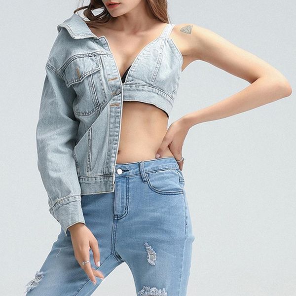 

asymmetrical denim jacket women 2021 spring off shoulder long sleeve v neck fashion female jeans streetwear clothes, Black;brown
