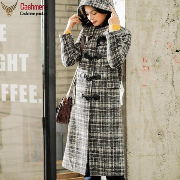 

women's wool & blends hooded coat mid-length horn buckle plaid woolen women autumn winter college style jacket, Black