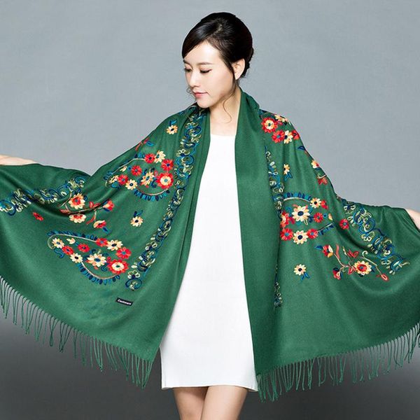

scarves 2021 autumn winter women embroider flower scarf shawl fringed ladys pashmina cashmere bufanda mujer, Blue;gray