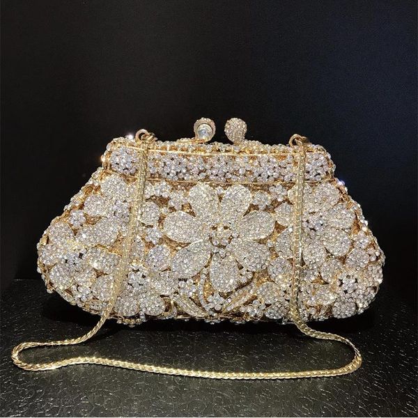 

evening bags high-end floral white crystal gold metal clutch party purse christmas gift ladies wedding bridal chain clutches
