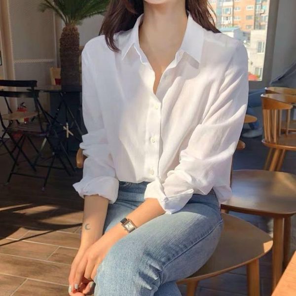 

women's blouses & shirts fashion simple white women spring autumn vintage turn-down collar long sleeve temperament chic thin basic blus