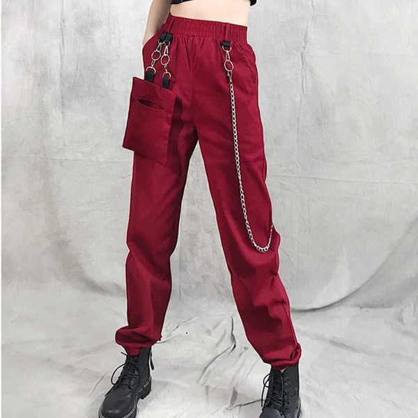 

spring long chain cargo pant high waist loose streetwear harem baggy trousers hip hop joggers warm sweatpants 210531, Black;white