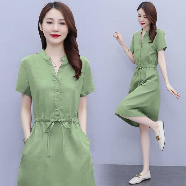 

hemp cotton and dress women's summer 2021 thin style age reducing literature art temperament waist down slim shirt skirt, Black;gray