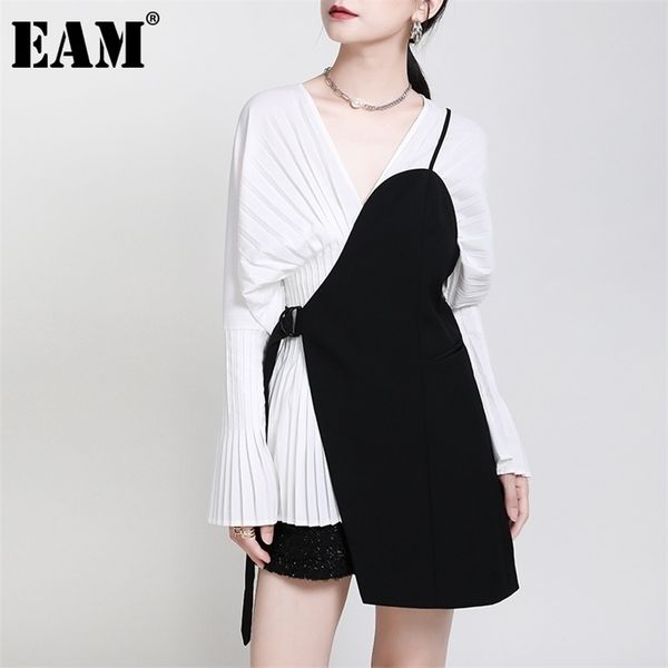 

[eam] women loose fit black irrgular bandage stitch vest v-collar sleeveless fashion spring autumn 1da977 211120, Black;white