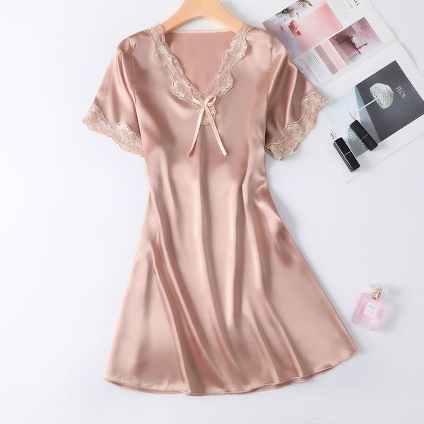 

2021 lace decor sleepwear womens summer dress women mini dress v-neck short sleeve loose oversize pajamas female nightie, Black;red