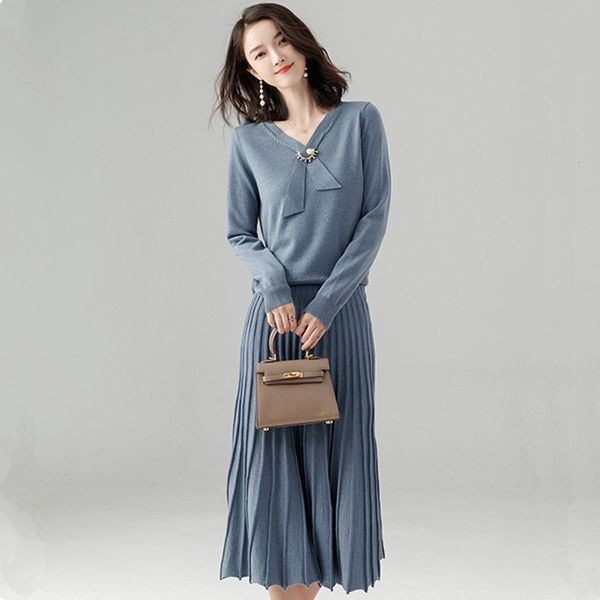 

two piece dress warm fashion suit, women's blouse, autumn and winter dress, set of two pieces knitted or crocheted, slim skirt x71b, White