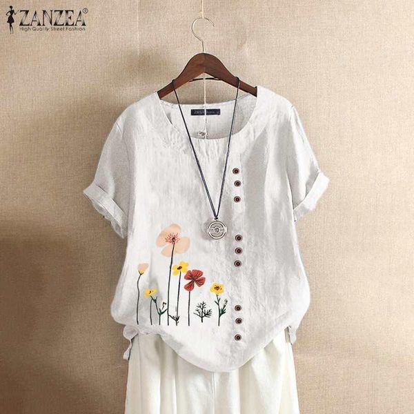 

women's blouses & shirts zanzea women summer vintage printed shirt casual short sleeve blouse tunic chemise plus size female o neck wo, White