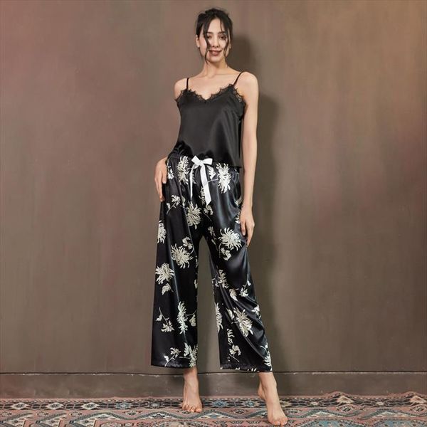 

2pcs lot pajamas set women sleepwear home clothes suit print nightwear underwear ladies sling pants, Black;red