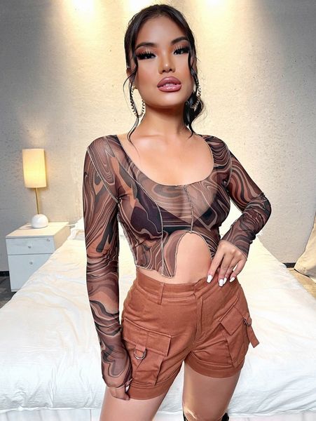 

marble print asymmetrical hem crop mesh a8b5#, White