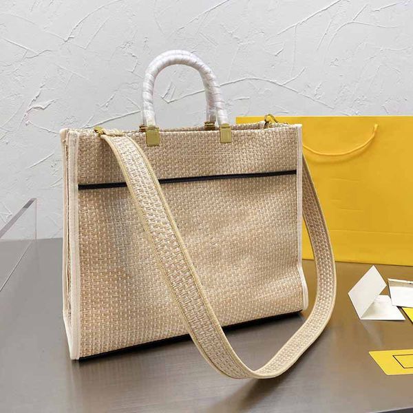 

straw tote bag handbags large capacity package fashion hand woven crochet letter removable shoulder strap hardware handle bottom leather