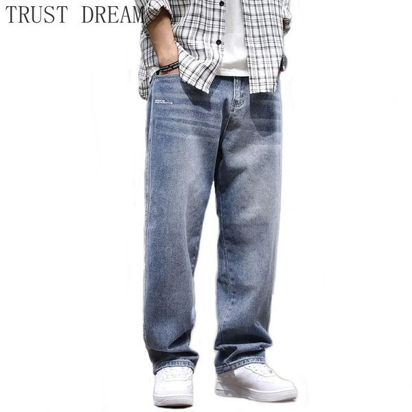

men jeans straight fit retro blue vintage loose denim pants homme hip hop streetwear wide leg long trousers