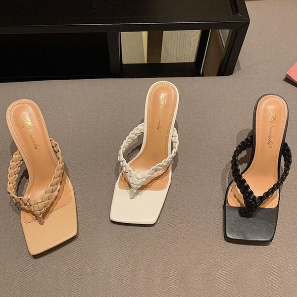

slippers women summer flip flops 2021 thin heels shoes fashion weave high slides ladies outside woman pumps, Black