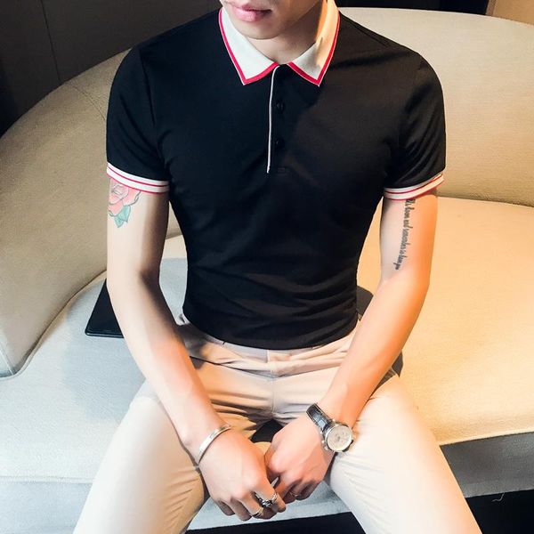 

men's t-shirts mens tshirts summer luxury stripe collar british style short sleeve man tee hight quality camisetas hombre slim, White;black