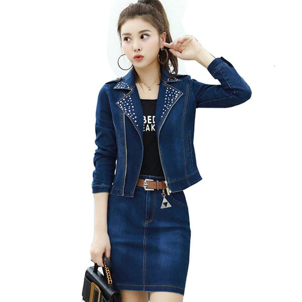 

female 2 pair of ladies'suits denim suit 2021 spring summer new jacket + skirt short lady two-piece fashion b kixh, Black