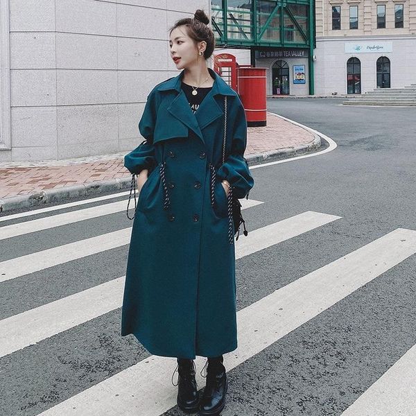 

women's trench coats [ewq] women coat double breasted lapel lantern sleeves 2021 autumn winter fashion streetwear windbreaker 2c739, Tan;black