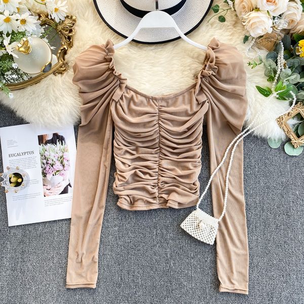 

2021 new women folds blouse fashion spring autumn long sleeved vintage square collar ruffles shirts ladies beach short crop 90yv, Black