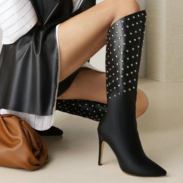 

boots autumn women's fashion rhinestone decoration stilettos pointed toe women mid calf winter warm knee high female, Black