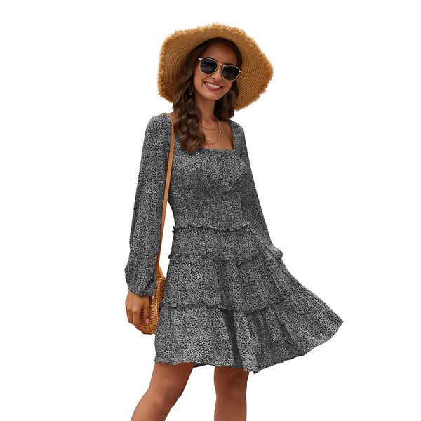 

selling new products 2021 brand womens tight waist olive rayon floral long sleeve dress, Black;gray