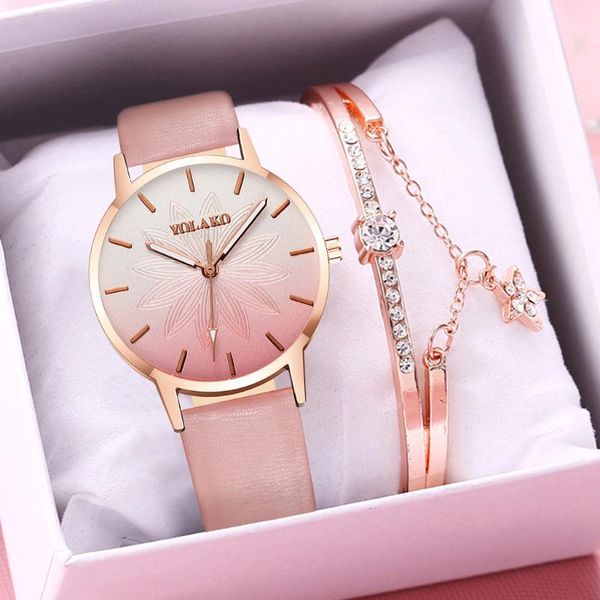 

wristwatches women gradient color flower watch luxury ladies leather strap quartz gift clock relogio feminino, Slivery;brown