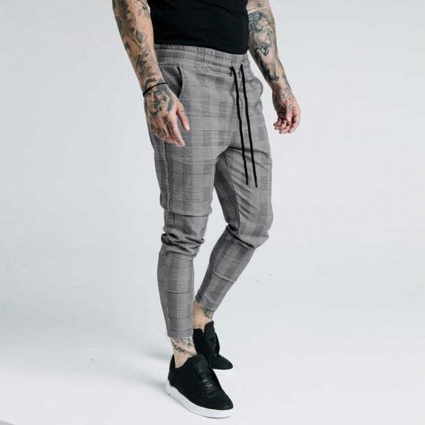 

men's pants trouser men plaid printed clothing casual long pocket streetwear bodybuilding pantalones con correas, Black