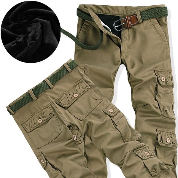 

men winter fleece cargo pants loose fit multi-pocket male double layer thicken warm military baggy jogger trousers plus size 40 210201, Black