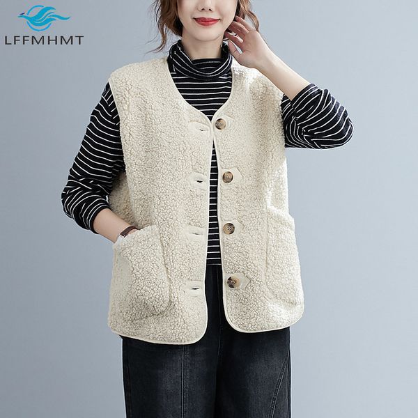 

2021 new winter fall fashion women o-neck sleeveless double pockets solid color vest office lady korean style casual wool waistcoat hdbm, Black;white