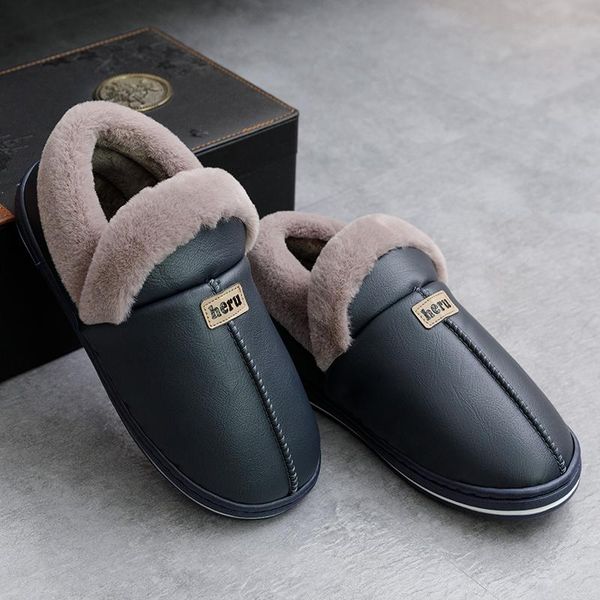 

slippers men plus velvet slipper indoor home female muller shoe leather waterproof thick-soled soft non-slip breathable loafers 46, Black