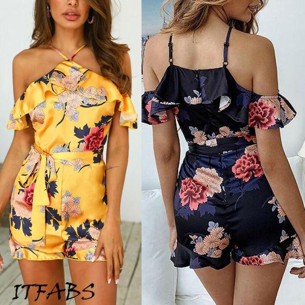 

women's jumpsuits & rompers summer womens boho floral jumpsuit tie waist playsuit shorts romper holiday beachwear women clothing, Black;white