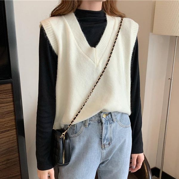 

women's sweaters autumn v neck knitted solid color sleeveless vest womens pullovers, White;black
