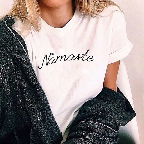 

namaste graphic tshirt women short sleeve cotton t shirts women black femme t-shirts white camisetas mujer 210306