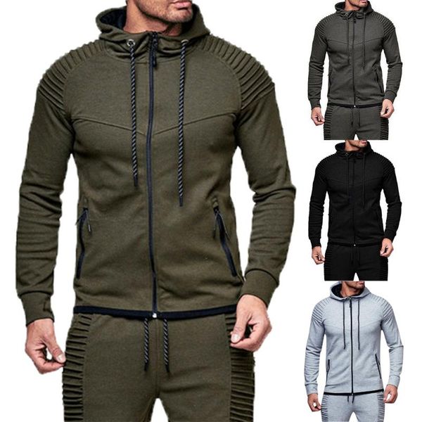 

men's jackets pleated long sleeve solid hooded cardigan jacket autumn folded color top, Black;brown