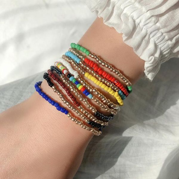 

bangle bohemia colorful rice beads bracelets 5pcs set handmade beaded elastic wristband women summer travel beach party jewelry, Black