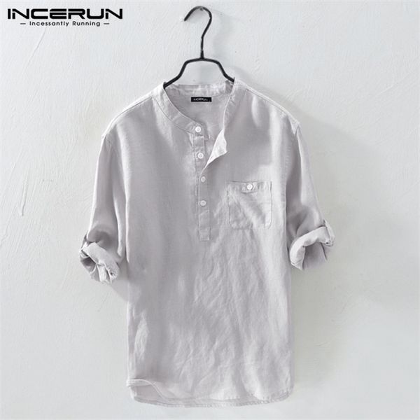 

incerun men shirt cotton 3/4 sleeve stand collar harajuku solid color vintage brand shirts 2021 streetwear camisa masculina, White;black