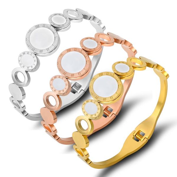 

bangle 2021 lastest trendy jewelry hollow round circles shell bracelets & bangles for women titanium steel roman numeral female, Black