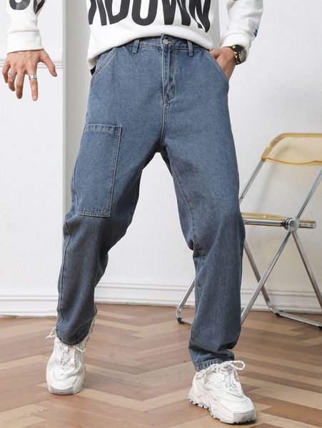 

men letter patched studded straight leg jeans z0b4#, Blue