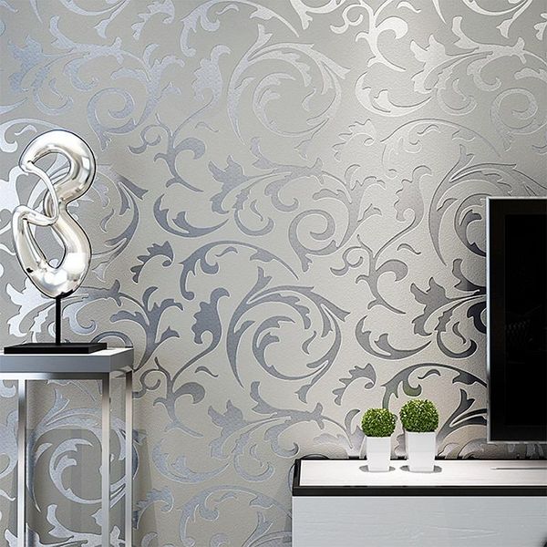Tapeten, graue 3D-Tapetenrolle im viktorianischen Damast-Stil, geprägt, Heimdekoration, Wohnzimmer, Schlafzimmer, Wandverkleidung, silbernes Blumenmuster, Luxuspapier