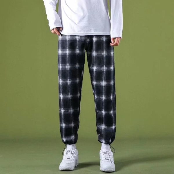 

men's pants black and white plaid legged straight tube loose fashion brand casual nine point style
