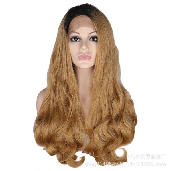 

chemical fiber front lace wig headset star fashion t-color long curly hair, Black