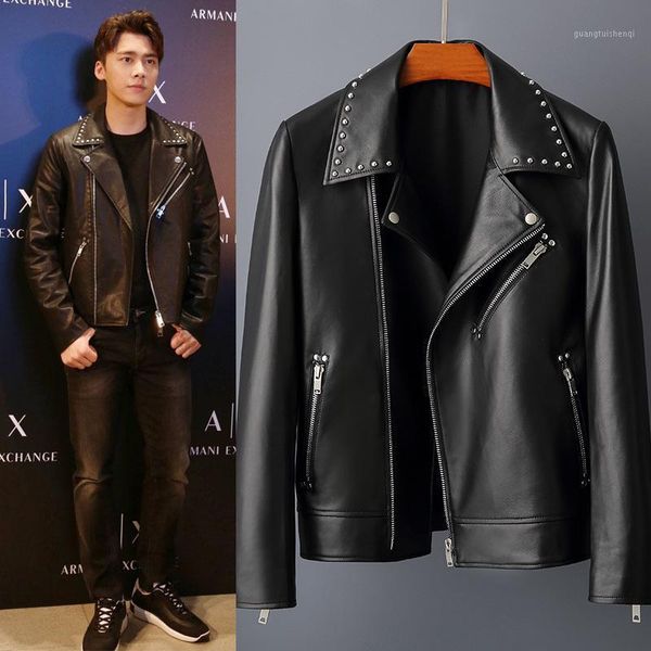 

men's leather & faux yi feng han edition men rivet with paragraph slp wind coat cultivate morality short motorcycle jacket, Black