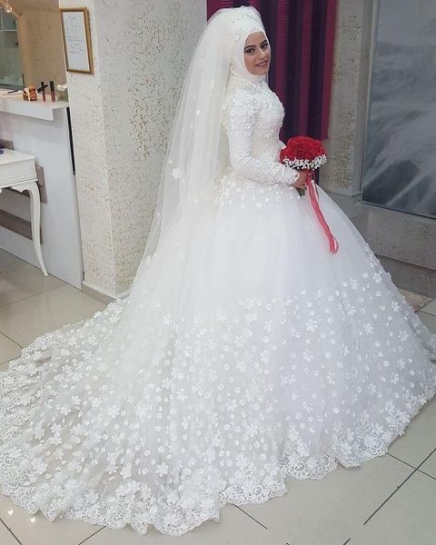 

new muslim plus size ball gown wedding dresses long sleeves jewel neck lace applique court train wedding bridal gowns wedding dress, White