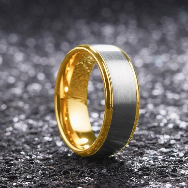 

wedding rings simple business silvery and gold brushed stainless steel men ring groove step edge mens band jewelry gift, Slivery;golden