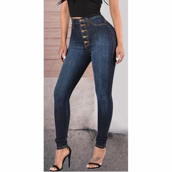 

women's jeans simple thickened pencil pants women high waist slim multi-button denim autumn winter fashion dark blue trousers