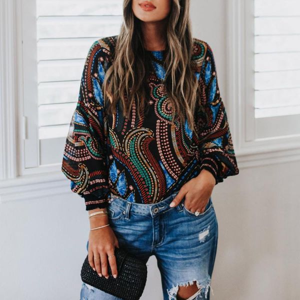 

feitong fashion blouse women shirt casual printing o-neck long sleeves pullover shirt blouse women clothes, White