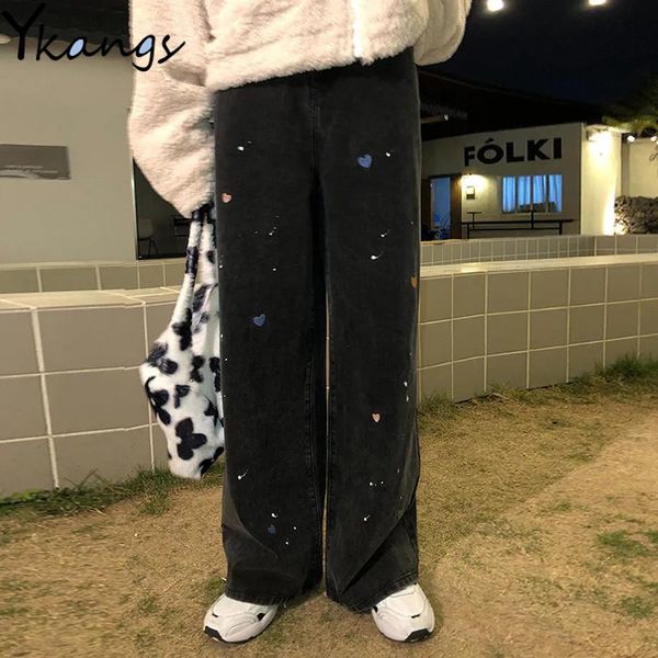 

love embroidery black women's jeans spring korean high-waist streetwear casual straight pants fashion loose wide leg trousers, Blue