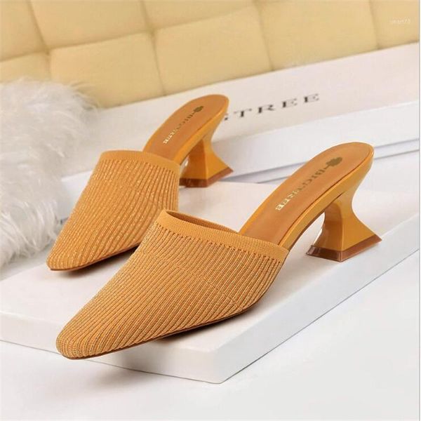 

slippers pointed toes woven knit fashion women half med heels stilettos mules loafer casual feminine slides sandalias shoes1, Black