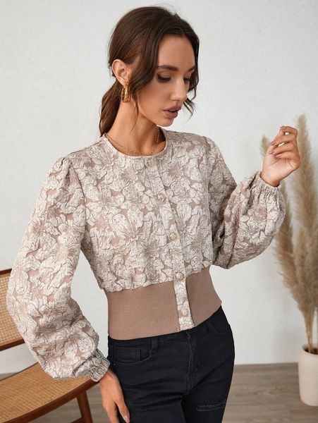 

allover floral print contrast trim lantern sleeve jacket o3l0#, Black;brown