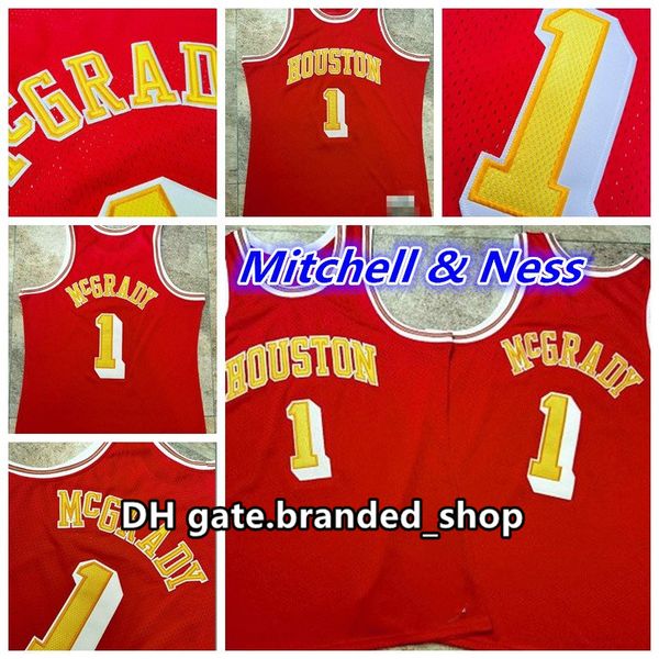 

mitchell&ness basketball mens tracy 1 mcgrady jersey vintage mesh embroidery logos stitched stock black shirts s-xxl mix order, Black;red