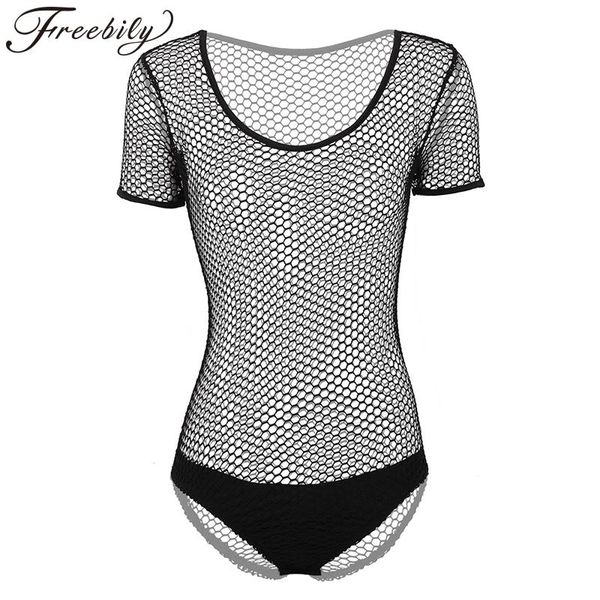

one-piece suits women swimsuit fishnet bodysuit see through sheer scoop neck short sleeve hollow out leotard monokini swimwear cover-up